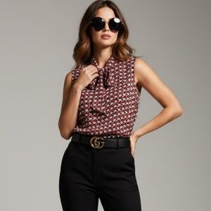 Anne Klein Red Black Houndstooth Sleeveless Secretary Blouse Satin Bow Collar